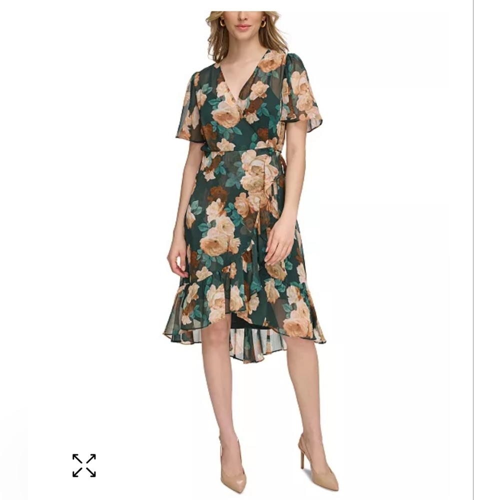 Calvin Klein Floral High-Low Dress - Black and Tan - Picture 2 of 16